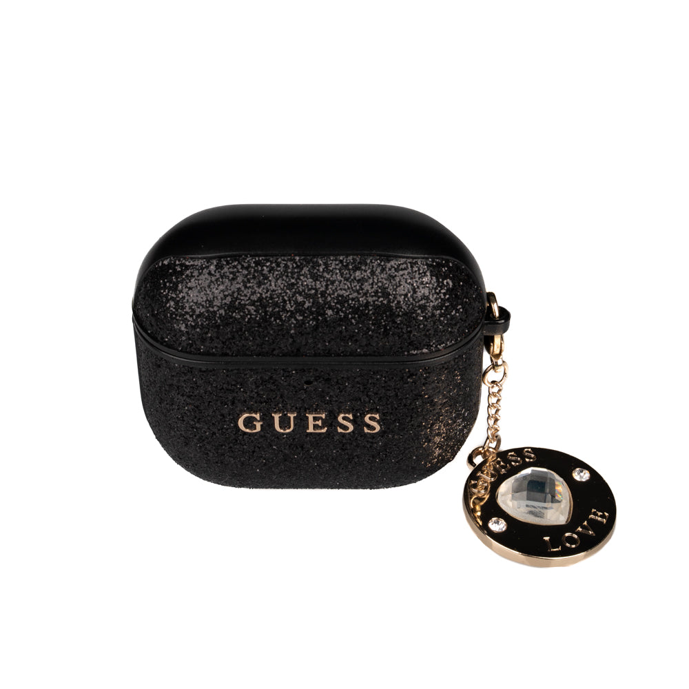 Apple Airpods 4 Kılıf Guess Simli Metal Yazı Logolu Siyah