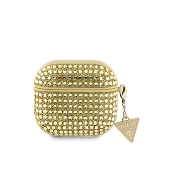 Apple Airpods 4 Kılıf Guess Taşlı Üçgen Logolu Süs Zincirli Gold