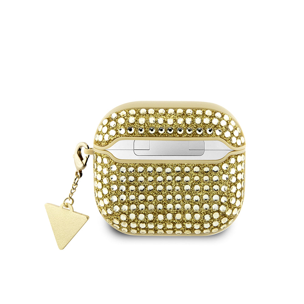 Apple Airpods 4 Kılıf Guess Taşlı Üçgen Logolu Süs Zincirli Gold
