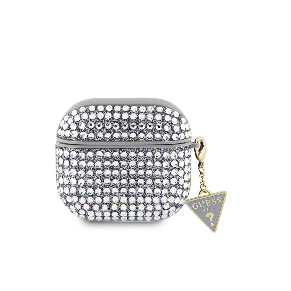 Apple Airpods 4 Kılıf Guess Taşlı Üçgen Logolu Süs Zincirli Gümüş