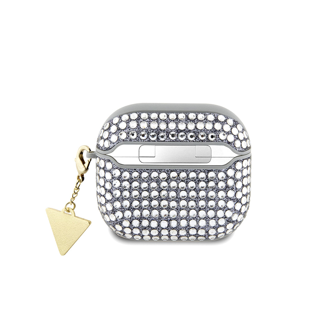 Apple Airpods 4 Kılıf Guess Taşlı Üçgen Logolu Süs Zincirli Gümüş