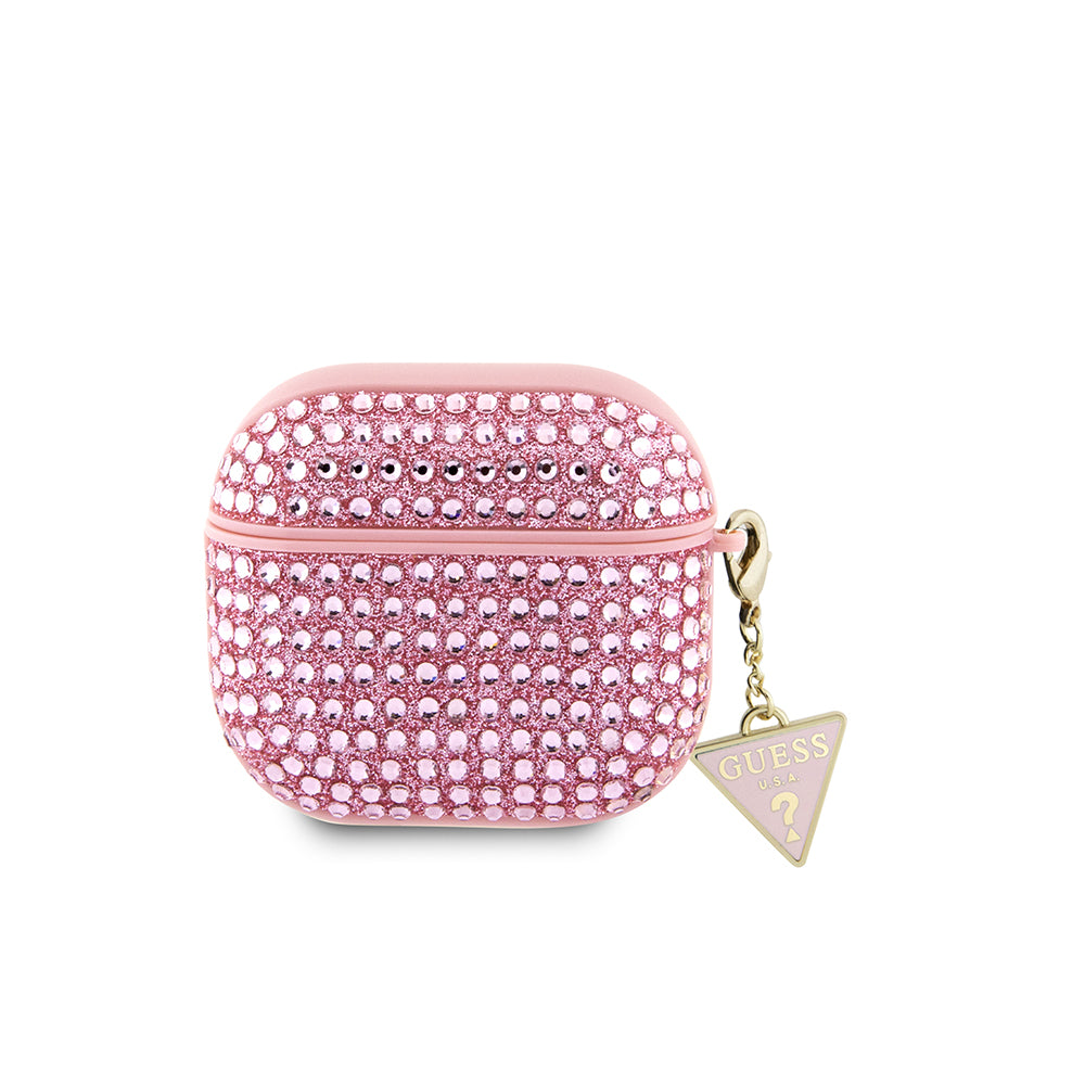 Apple Airpods 4 Kılıf Guess Taşlı Üçgen Logolu Süs Zincirli Pembe