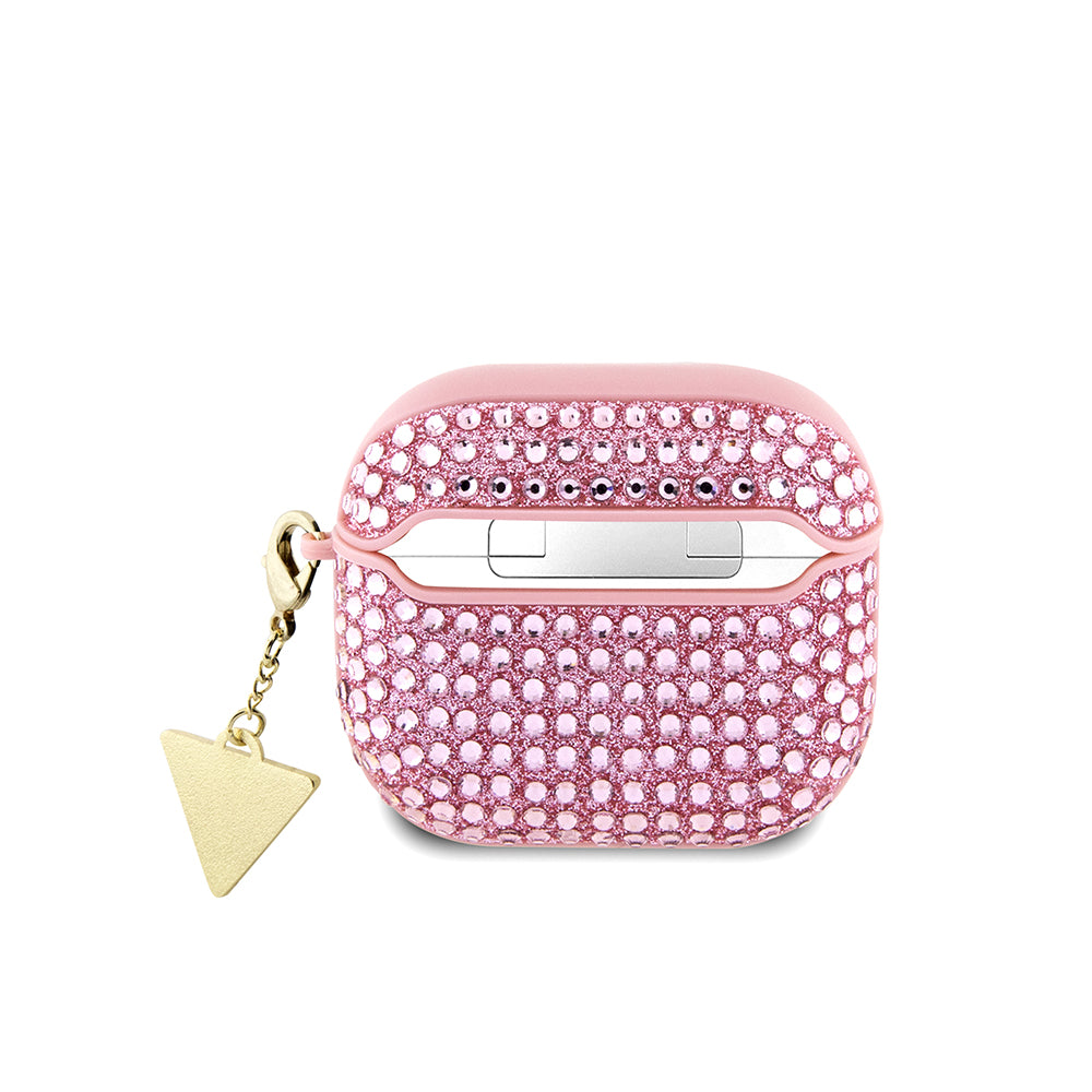Apple Airpods 4 Kılıf Guess Taşlı Üçgen Logolu Süs Zincirli Pembe