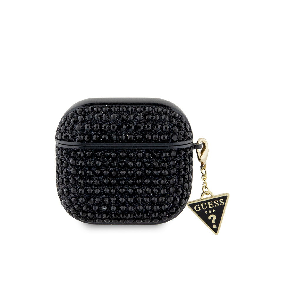 Apple Airpods 4 Kılıf Guess Taşlı Üçgen Logolu Süs Zincirli Siyah