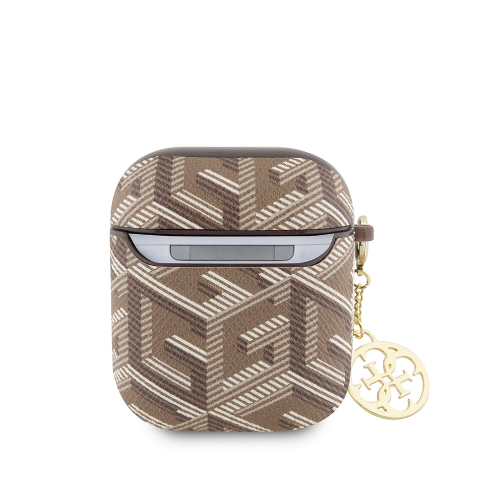 Apple Airpods Kılıf Guess G Cube Desenli 4G Süs Zincirli Kapak Kahverengi