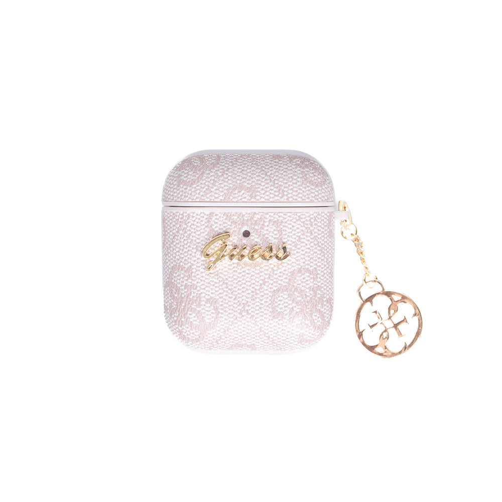 Apple Airpods Kılıf Guess Metal Script Logolu 4G Charm Sağdan Askılı PU Deri Kılıf Pembe