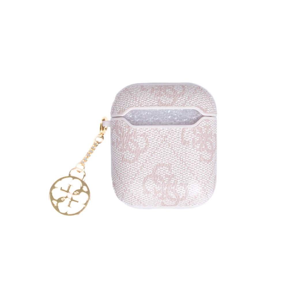 Apple Airpods Kılıf Guess Metal Script Logolu 4G Charm Sağdan Askılı PU Deri Kılıf Pembe
