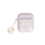 Apple Airpods Kılıf Guess Metal Script Logolu 4G Charm Sağdan Askılı PU Deri Kılıf Pembe
