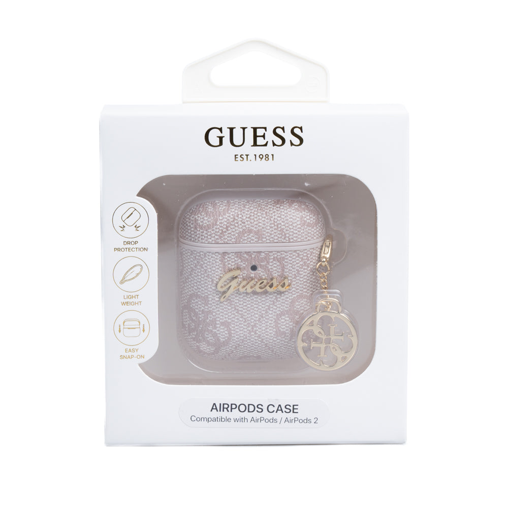 Apple Airpods Kılıf Guess Metal Script Logolu 4G Charm Sağdan Askılı PU Deri Kılıf Pembe