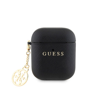 Apple Airpods Kılıf Guess Süs Zincirli Saffiano Kılıf Siyah