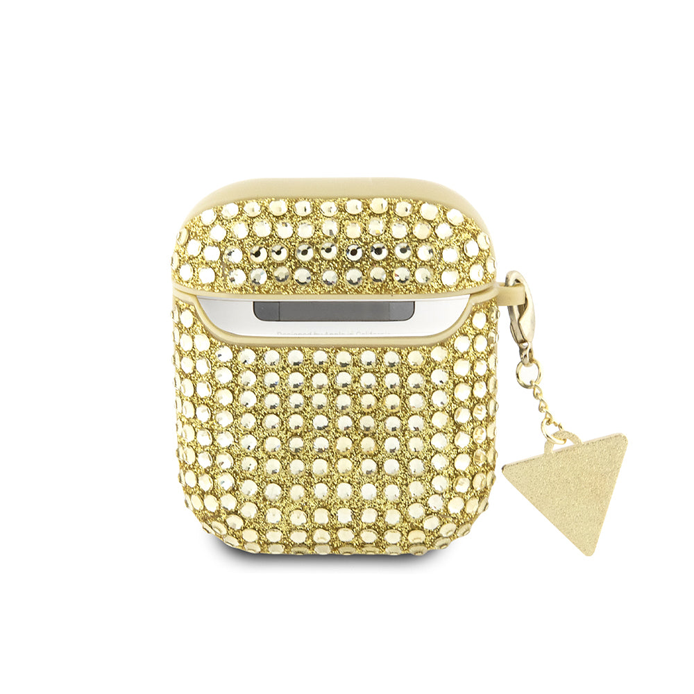 Apple Airpods Kılıf Guess Taş Kaplamalı Üçgen Logolu Kapak Gold