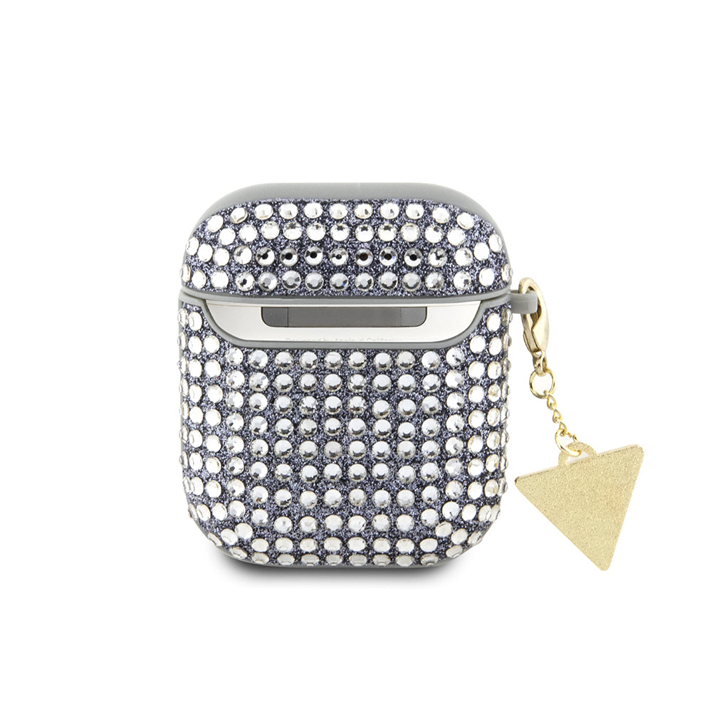 Apple Airpods Kılıf Guess Taş Kaplamalı Üçgen Logolu Kapak Gümüş