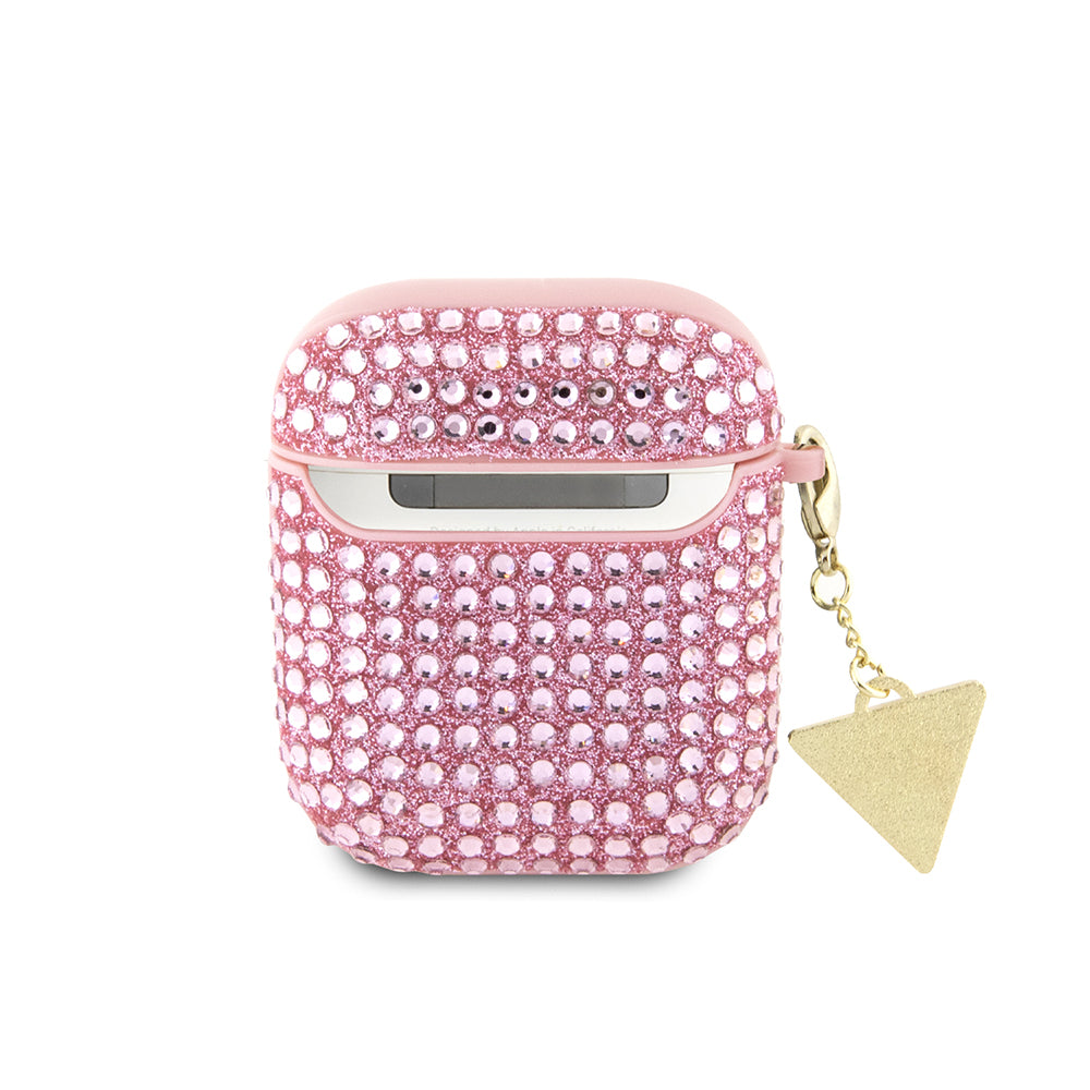 Apple Airpods Kılıf Guess Taş Kaplamalı Üçgen Logolu Kapak Pembe