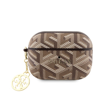 Apple Airpods Pro 2 Kılıf Guess G Cube Desenli 4G Süs Zincirli Kapak Kahverengi