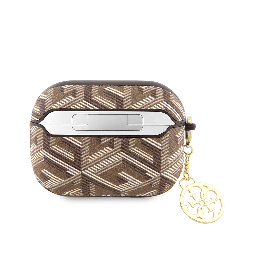 Apple Airpods Pro 2 Kılıf Guess G Cube Desenli 4G Süs Zincirli Kapak Kahverengi