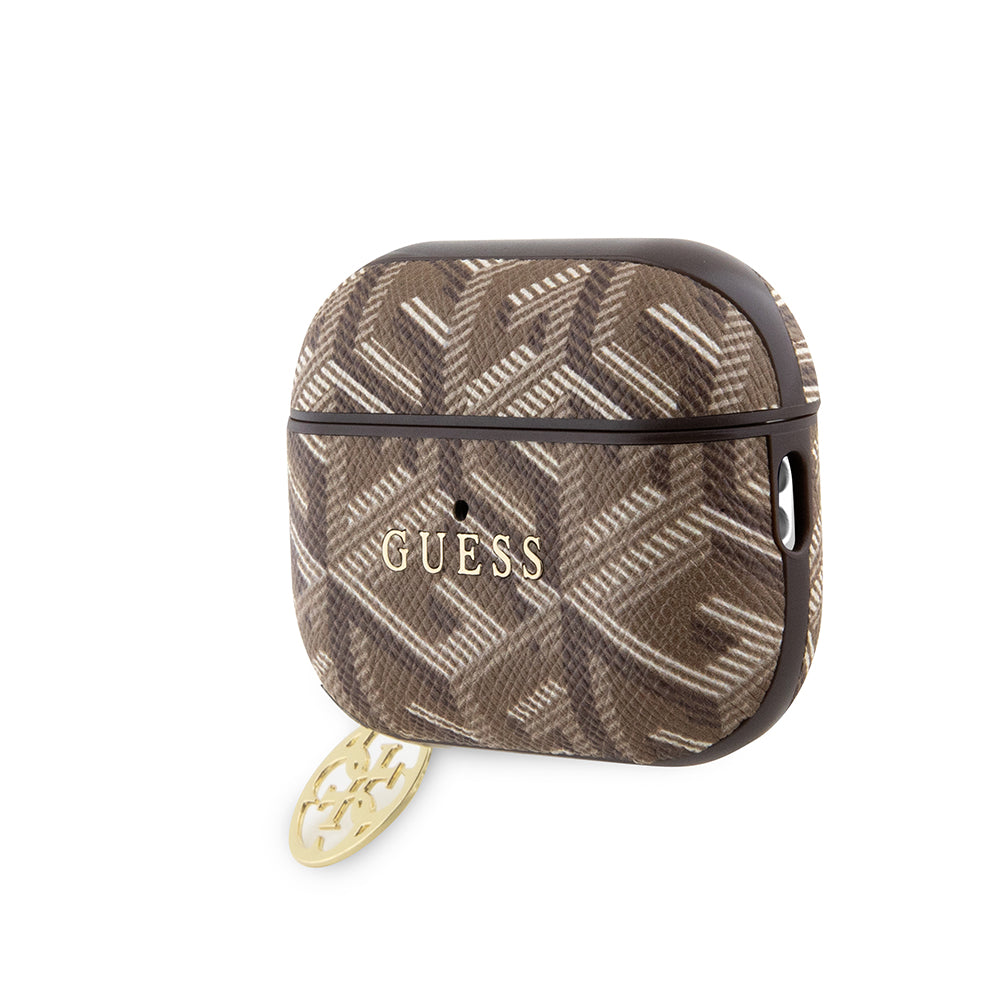 Apple Airpods Pro 2 Kılıf Guess G Cube Desenli 4G Süs Zincirli Kapak Kahverengi