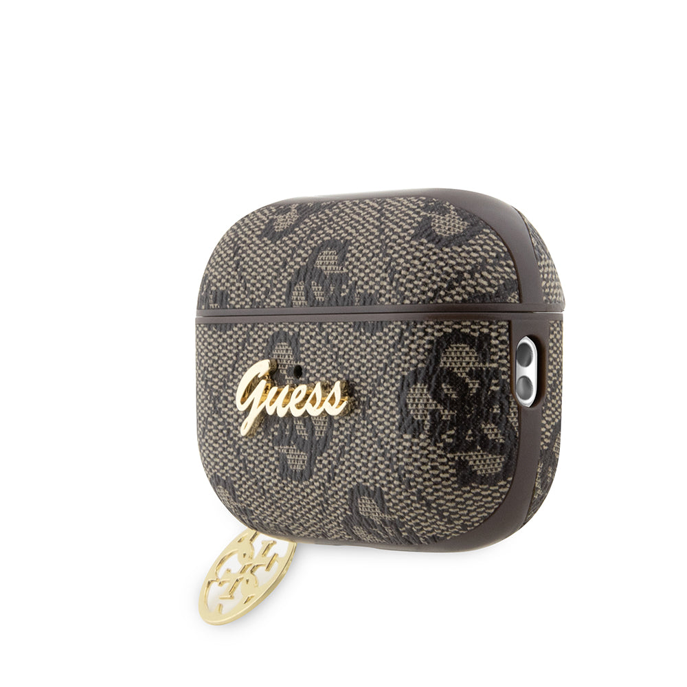 Apple Airpods Pro 2 Kılıf Guess Metal Script Logolu 4G Charm PU Deri Kapak Kahverengi