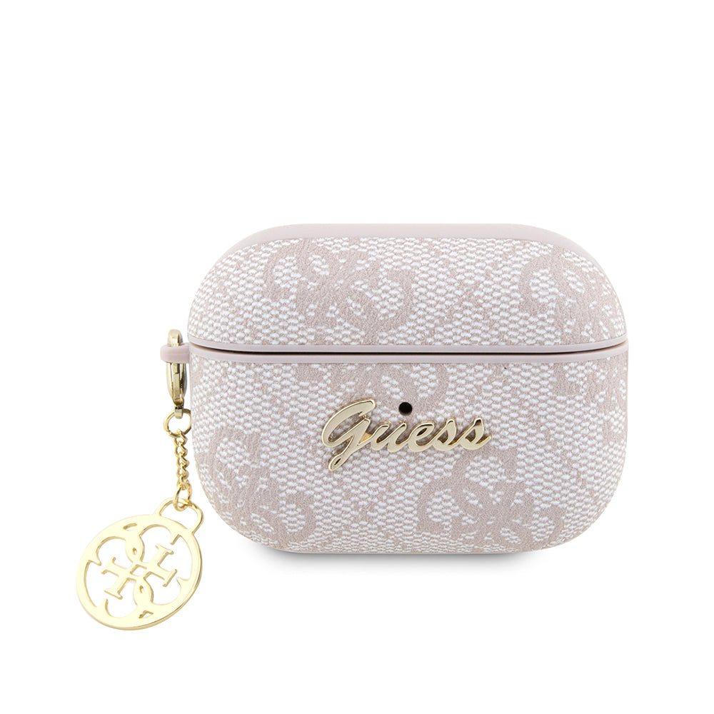 Apple Airpods Pro 2 Kılıf Guess Metal Script Logolu 4G Charm PU Deri Kapak Pembe