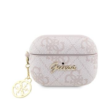 Apple Airpods Pro 2 Kılıf Guess Metal Script Logolu 4G Charm PU Deri Kapak Pembe