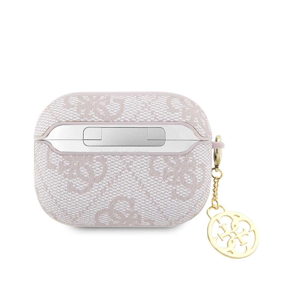 Apple Airpods Pro 2 Kılıf Guess Metal Script Logolu 4G Charm PU Deri Kapak Pembe