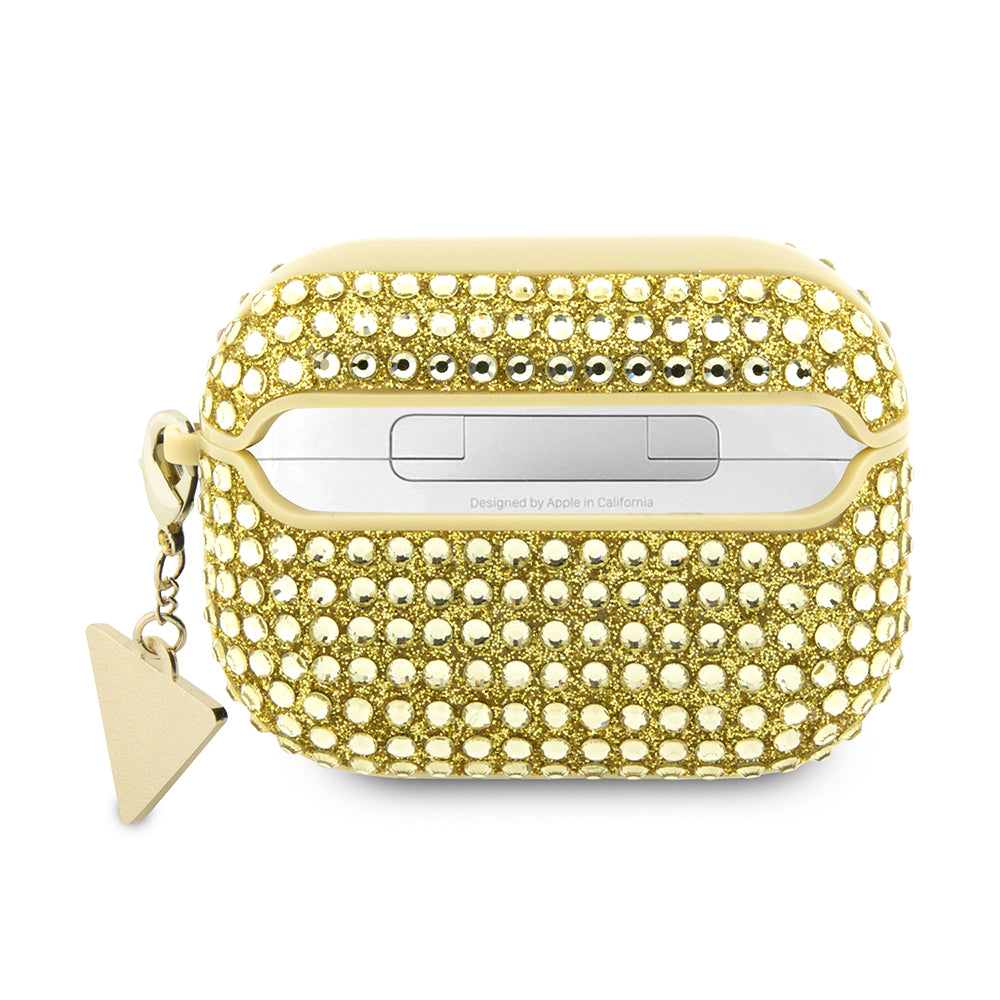 Apple Airpods Pro 2 Kılıf Guess Taş Kaplamalı Üçgen Logolu Kapak Gold