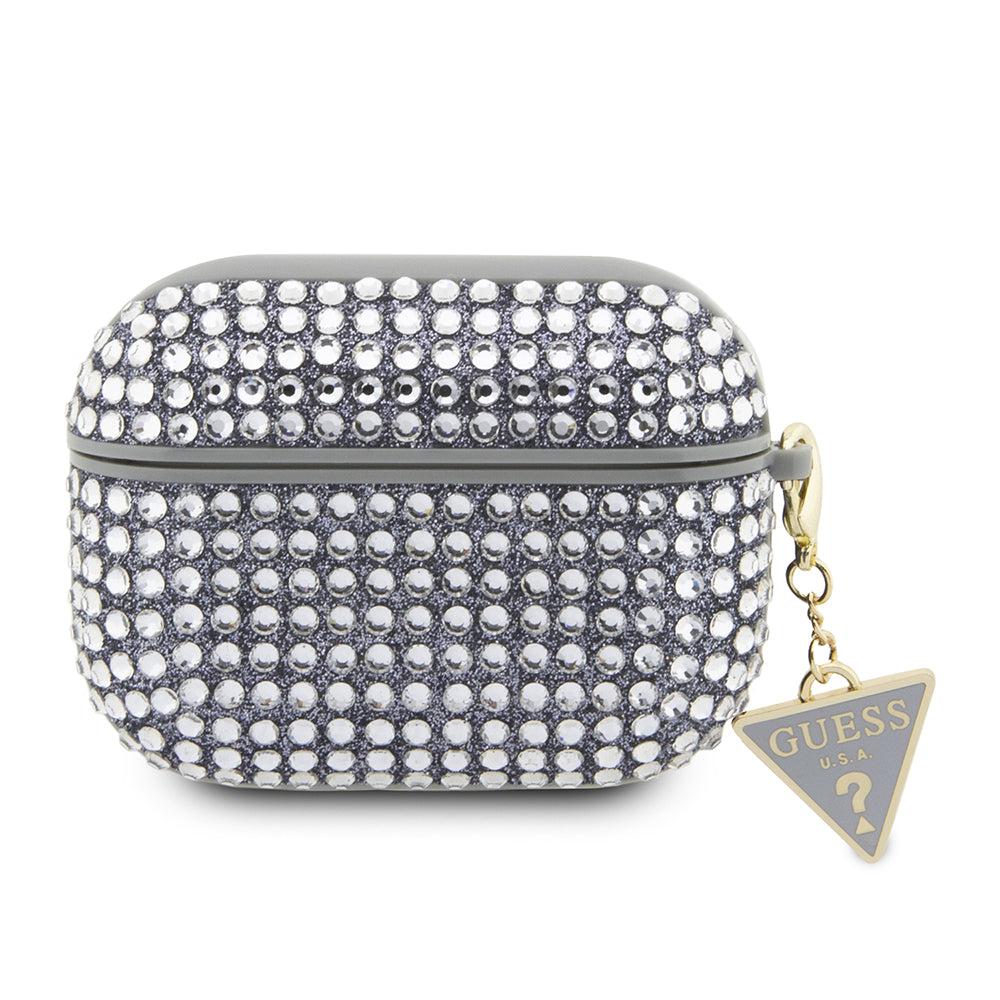 Apple Airpods Pro 2 Kılıf Guess Taş Kaplamalı Üçgen Logolu Kapak Gümüş