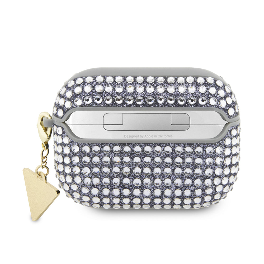 Apple Airpods Pro 2 Kılıf Guess Taş Kaplamalı Üçgen Logolu Kapak Gümüş