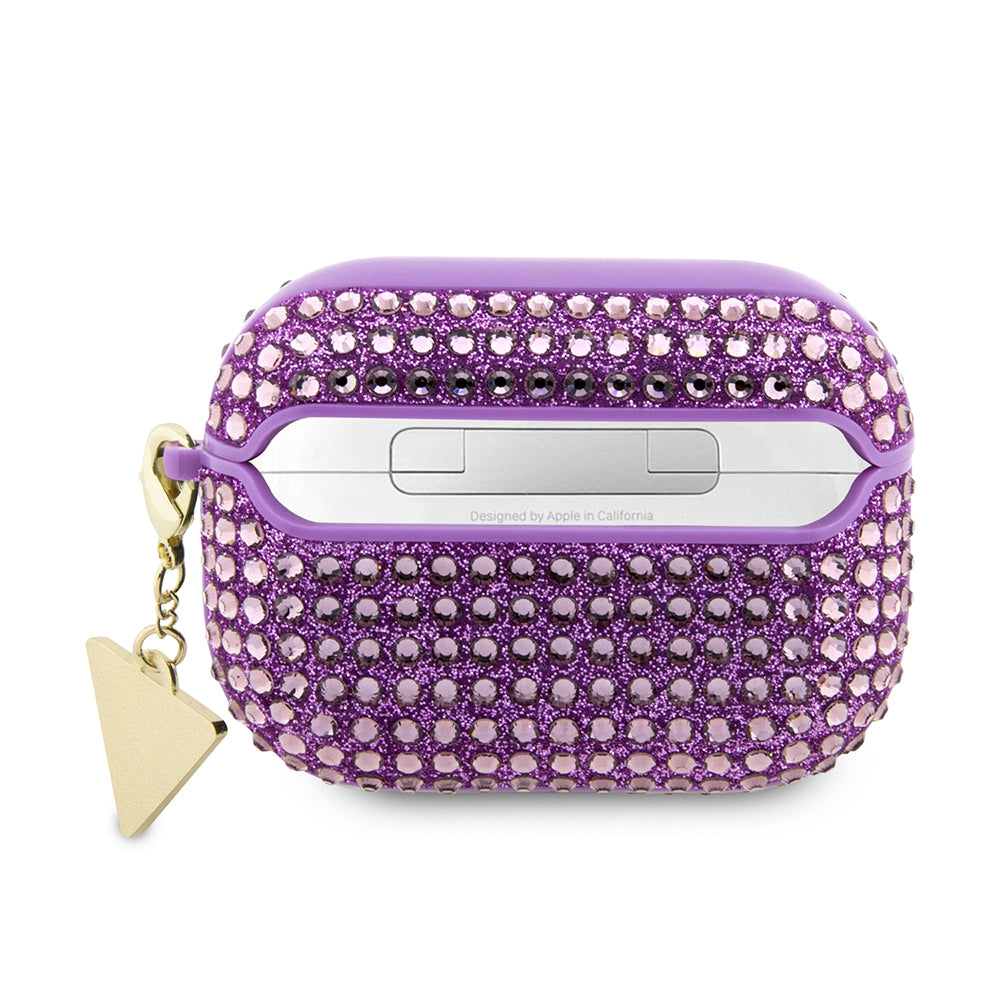 Apple Airpods Pro 2 Kılıf Guess Taş Kaplamalı Üçgen Logolu Kapak Mor