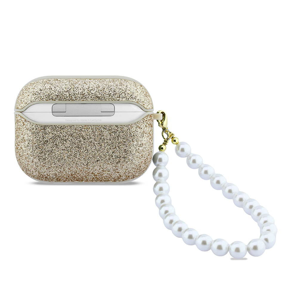 Apple Airpods Pro 3 Kılıf Guess Glitter Yazı Logolu İnci Bilek Askılı Gold