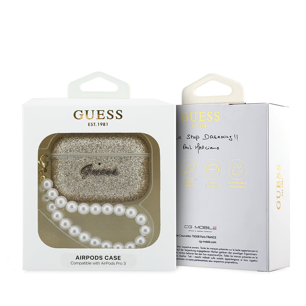 Apple Airpods Pro 3 Kılıf Guess Glitter Yazı Logolu İnci Bilek Askılı Gold