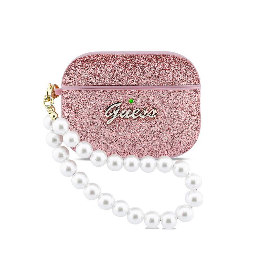 Apple Airpods Pro 3 Kılıf Guess Glitter Yazı Logolu İnci Bilek Askılı Pembe