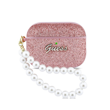 Apple Airpods Pro 3 Kılıf Guess Glitter Yazı Logolu İnci Bilek Askılı Pembe