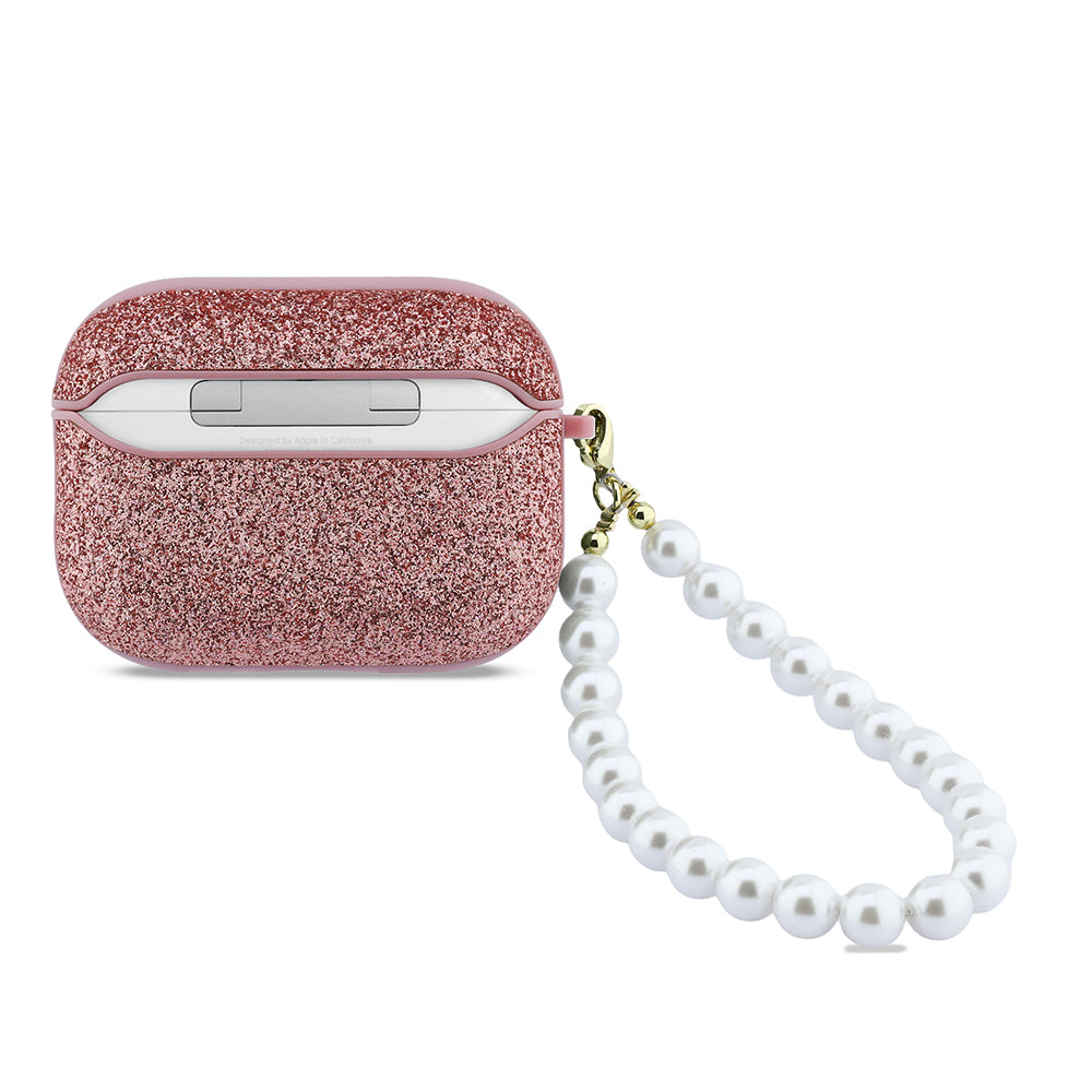 Apple Airpods Pro 3 Kılıf Guess Glitter Yazı Logolu İnci Bilek Askılı Pembe