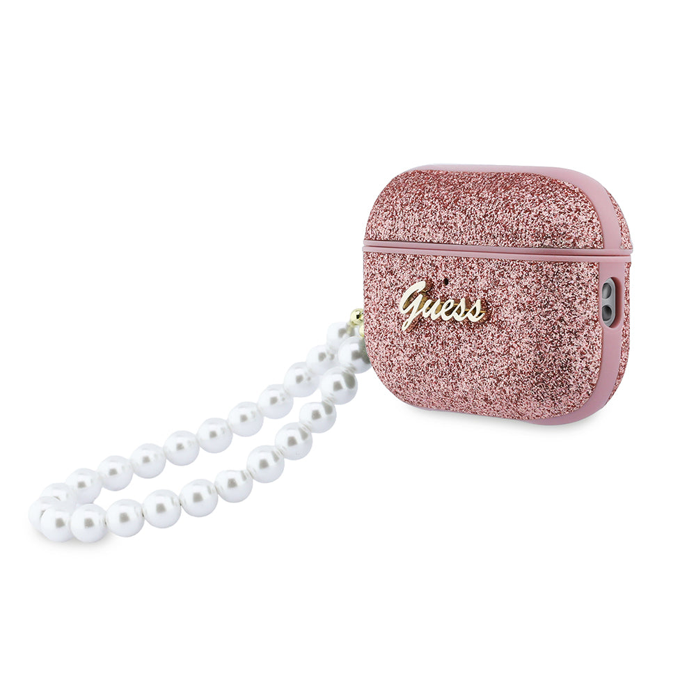Apple Airpods Pro 3 Kılıf Guess Glitter Yazı Logolu İnci Bilek Askılı Pembe