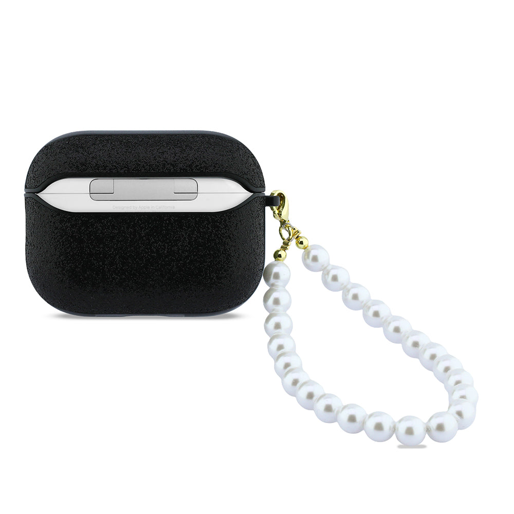 Apple Airpods Pro 3 Kılıf Guess Glitter Yazı Logolu İnci Bilek Askılı Siyah