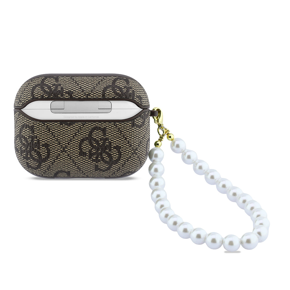 Apple Airpods Pro 3 Kılıf Guess Klasik Logolu 4G Desenli ve İnci Bilek Askılı Kahverengi