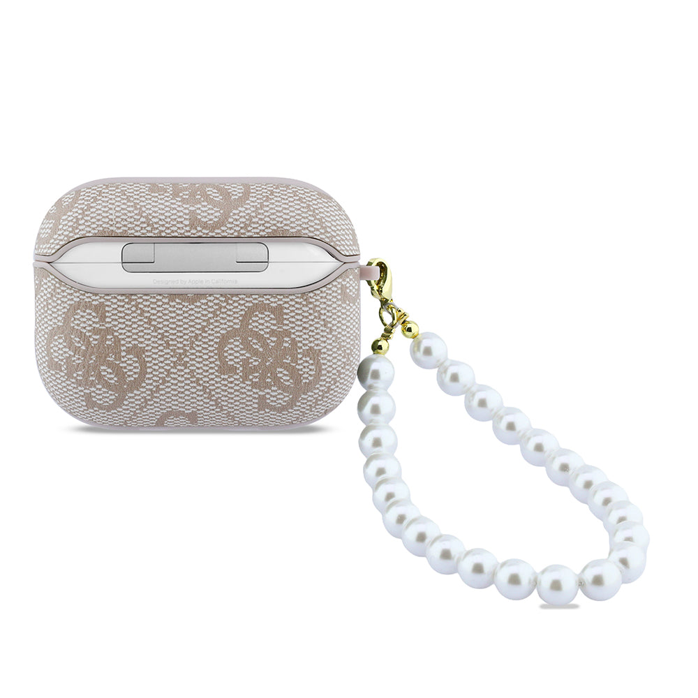 Apple Airpods Pro 3 Kılıf Guess Klasik Logolu 4G Desenli ve İnci Bilek Askılı Pembe