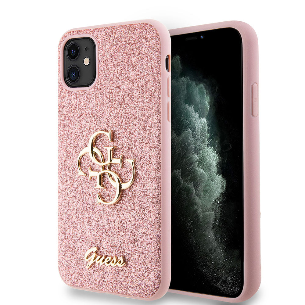 Apple iPhone 11 Kılıf Guess 4G Büyük Metal Logolu Glitter Kapak Pembe