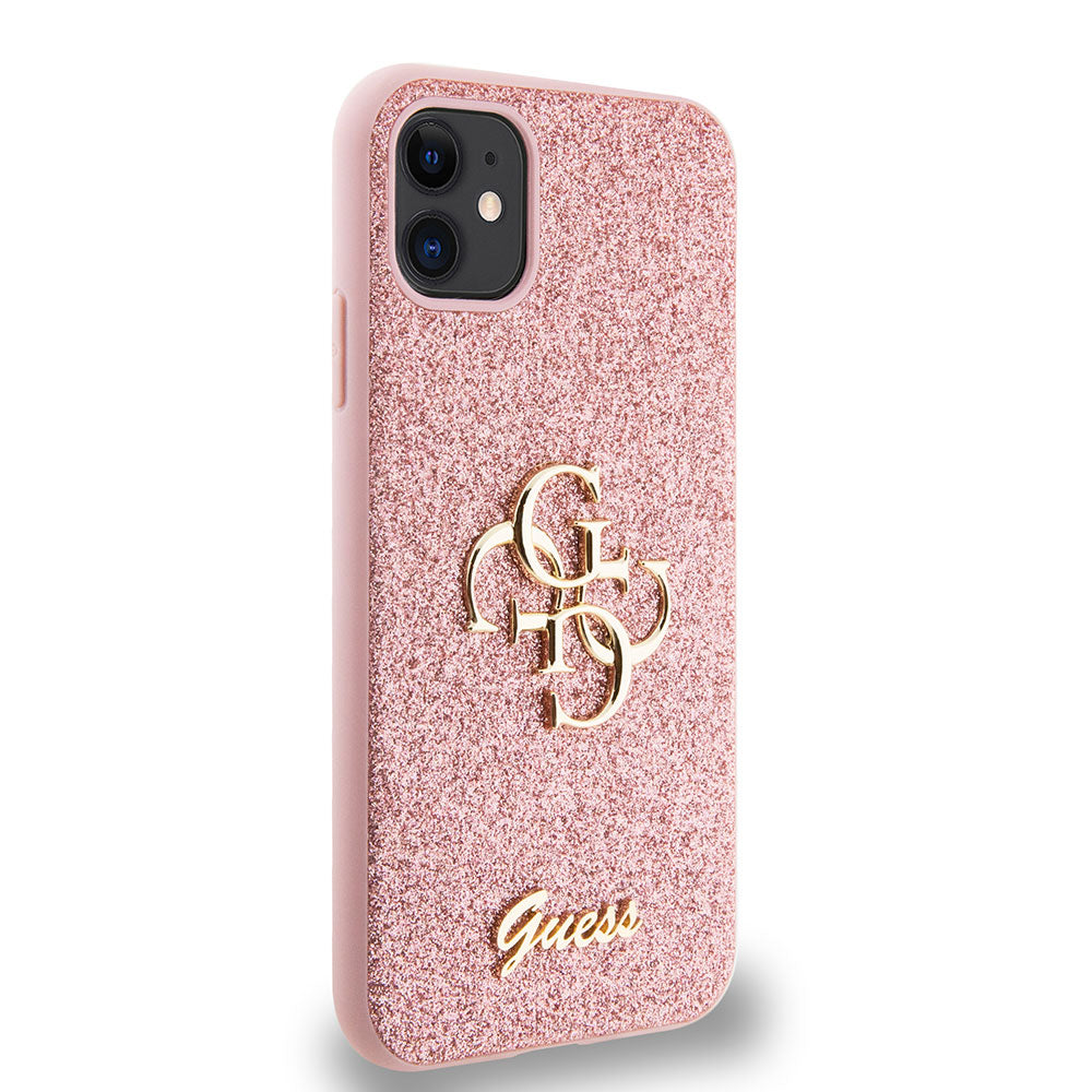 Apple iPhone 11 Kılıf Guess 4G Büyük Metal Logolu Glitter Kapak Pembe