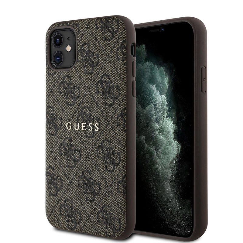 Apple iPhone 11 Kılıf Guess Magsafe Uyumlu 4G Desen Yazı Logolu Kapak Kahverengi