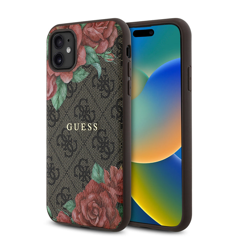 Apple iPhone 11 Kılıf Guess Magsafe Uyumlu Gül Baskılı ve 4G Desenli Kapak Kahverengi