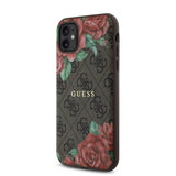 Apple iPhone 11 Kılıf Guess Magsafe Uyumlu Gül Baskılı ve 4G Desenli Kapak Kahverengi