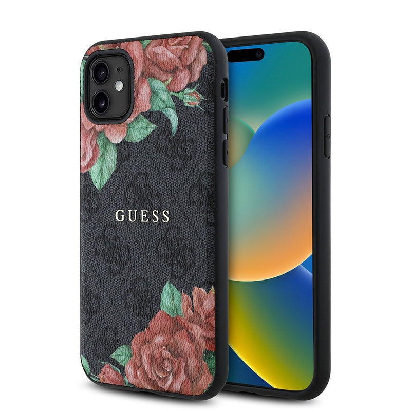 Apple iPhone 11 Kılıf Guess Magsafe Uyumlu Gül Baskılı ve 4G Desenli Kapak Siyah