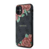 Apple iPhone 11 Kılıf Guess Magsafe Uyumlu Gül Baskılı ve 4G Desenli Kapak Siyah