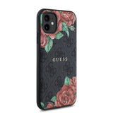 Apple iPhone 11 Kılıf Guess Magsafe Uyumlu Gül Baskılı ve 4G Desenli Kapak Siyah