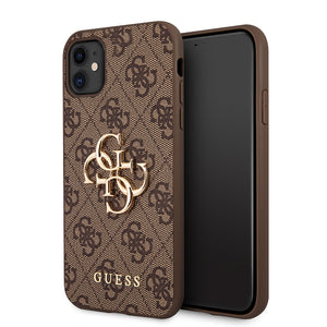 Apple iPhone 11 Kılıf Guess PU Deri Büyük Metal Logolu Kapak Kahverengi
