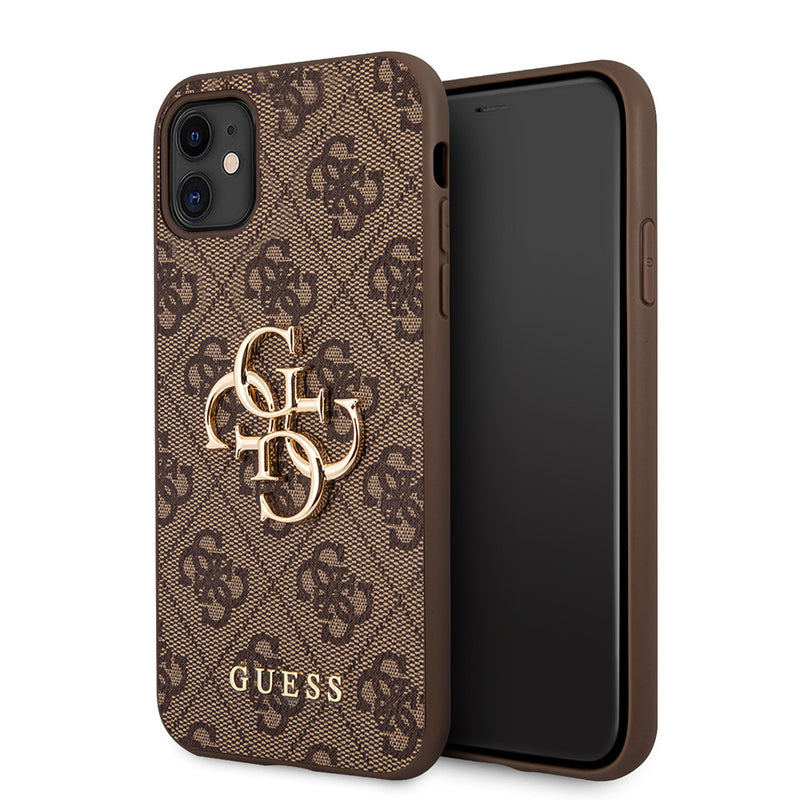 Apple iPhone 11 Kılıf Guess PU Deri Büyük Metal Logolu Kapak Kahverengi