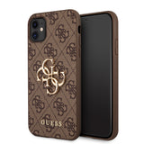 Apple iPhone 11 Kılıf Guess PU Deri Büyük Metal Logolu Kapak Kahverengi