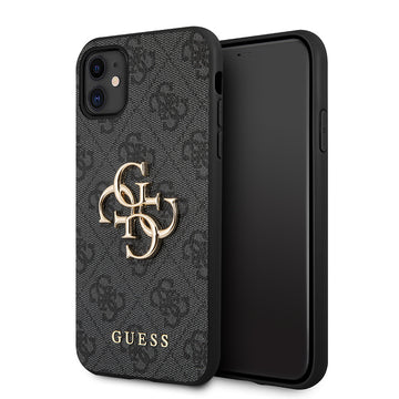 Apple iPhone 11 Kılıf Guess PU Deri Büyük Metal Logolu Kapak Siyah