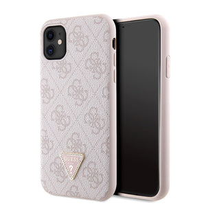 Apple iPhone 11 Kılıf Guess PU Deri Taşlı Üçgen Logolu 4G Desenli Kapak Pembe